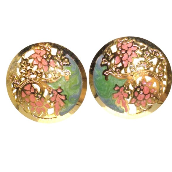LA Browning Pierced Gold Tone Enamel Flower Earrings, Vintage Round Studs - Picture 1 of 4